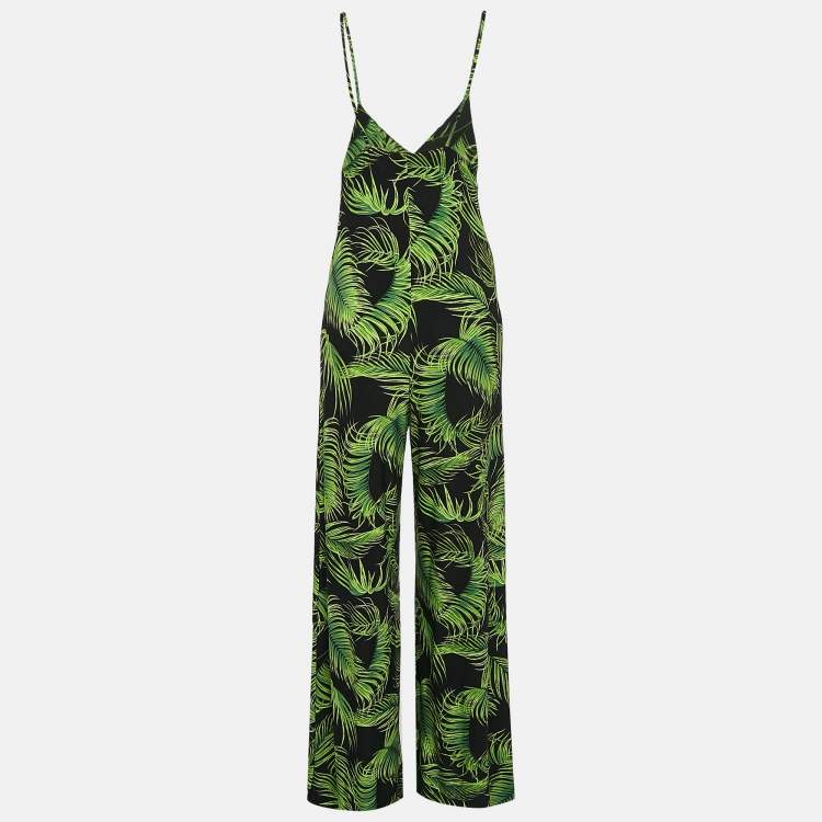 Pre Owned Norma Kamali Black/Green Palm Leaf Print Jersey Slip Jumpsuit M