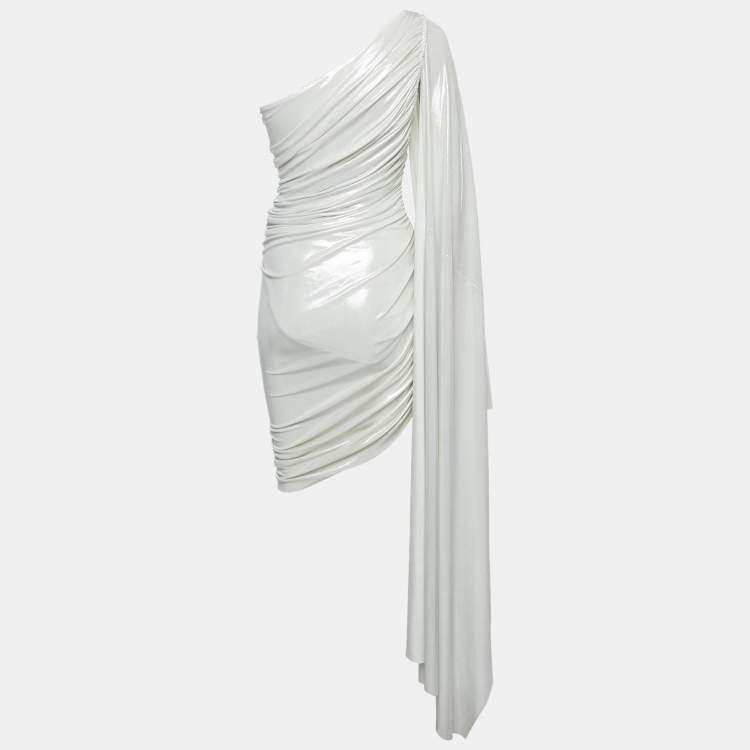 Pre Owned Norma Kamali Silver Lamé Jersey Long One Shoulder Ruched Mini Dress XXS