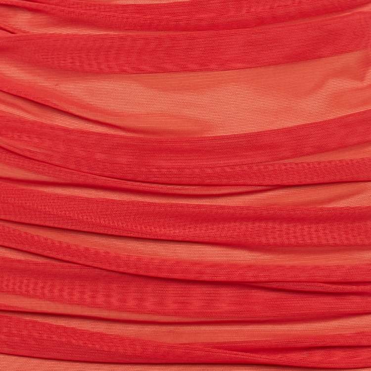 Pre Owned Norma Kamali Red Stretch Mesh Knit Ruched Gown S