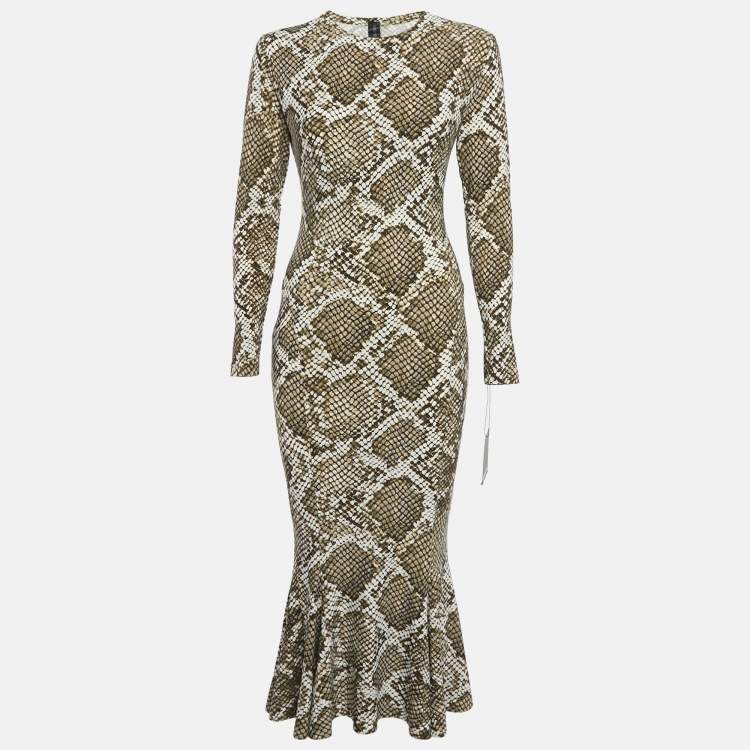 Pre Owned Norma Kamali White/Green Python Print Jersey Fishtail Maxi Dress S