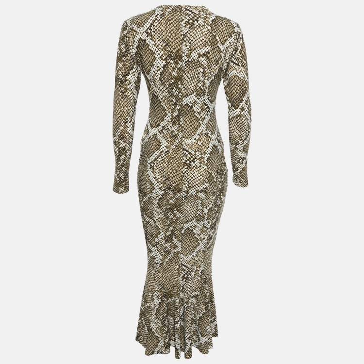 Pre Owned Norma Kamali White/Green Python Print Jersey Fishtail Maxi Dress S