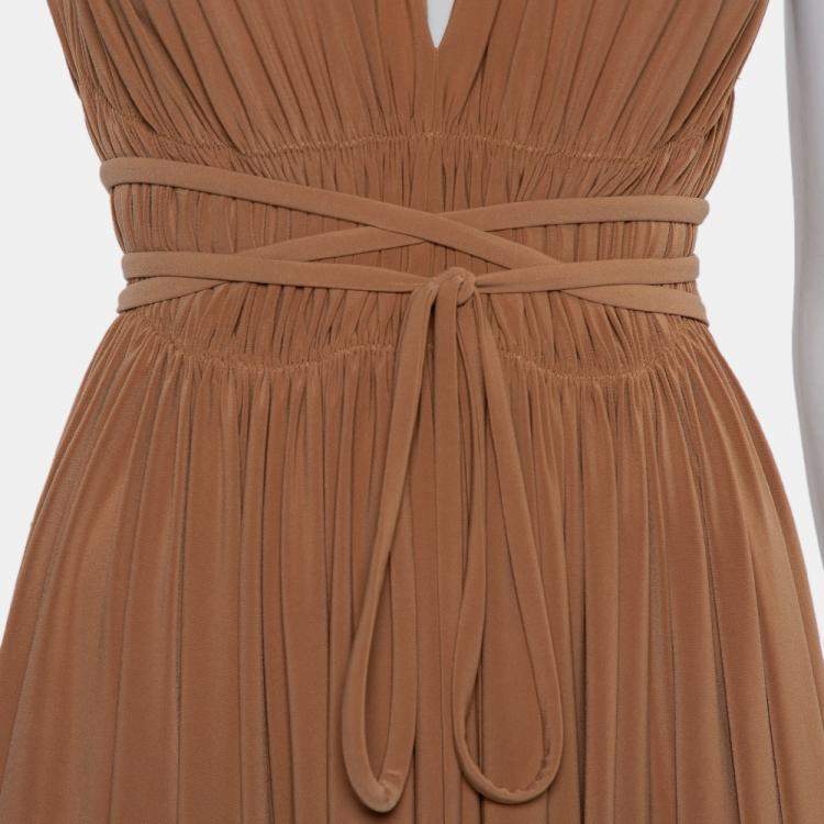 Pre Owned Norma Kamali Camel Brown Knit Ruched Waist &Tie Detail Goddess Dress M