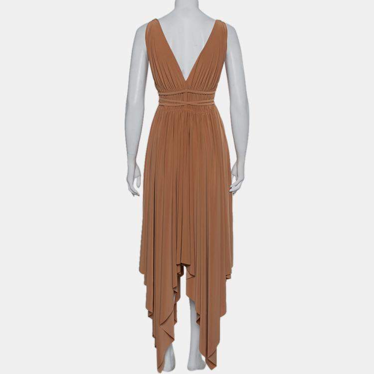 Pre Owned Norma Kamali Camel Brown Knit Ruched Waist &Tie Detail Goddess Dress M