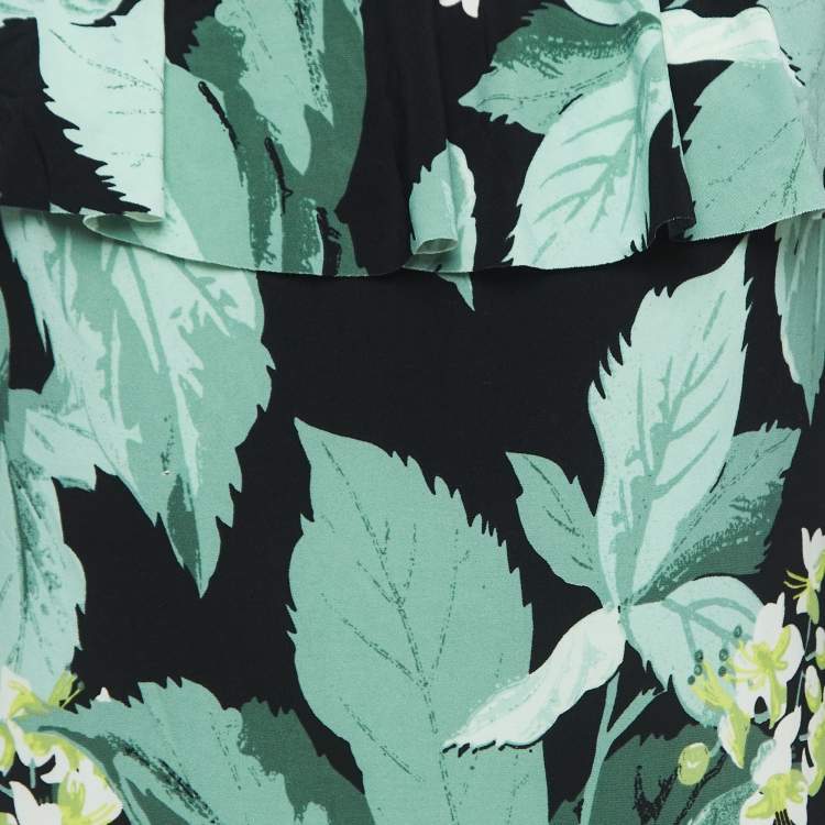 Pre Owned Norma Kamali Green leaf Printed Jersey off-shoulder Fishtail Dress L