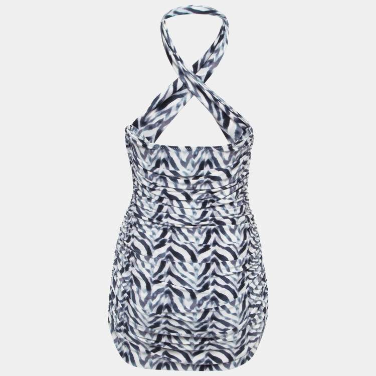 Pre Owned Norma Kamali White Chevron Zebra Print Jersey Bill Mio Swimsuit XL