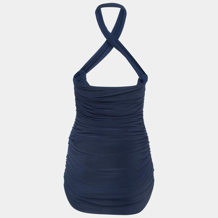 Pre Owned Norma Kamali Navy Blue Gathered Jersey Bill Mio Swimsuit XL