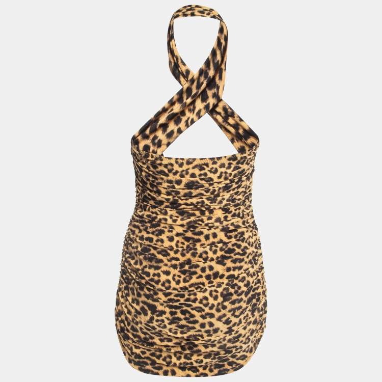 Pre Owned Norma Kamali Gold Leopard Print Jersey Bill Mio Swimsuit XL