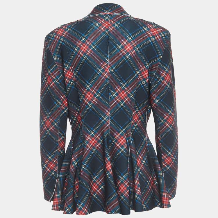 Pre Owned Norma Kamali Multicolor Plaid Jersey Peplum Jacket L