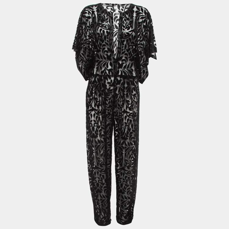 Pre Owned Norma Kamali Black Textured Semi-Sheer Lace Rectangle Jog Jumpsuit L
