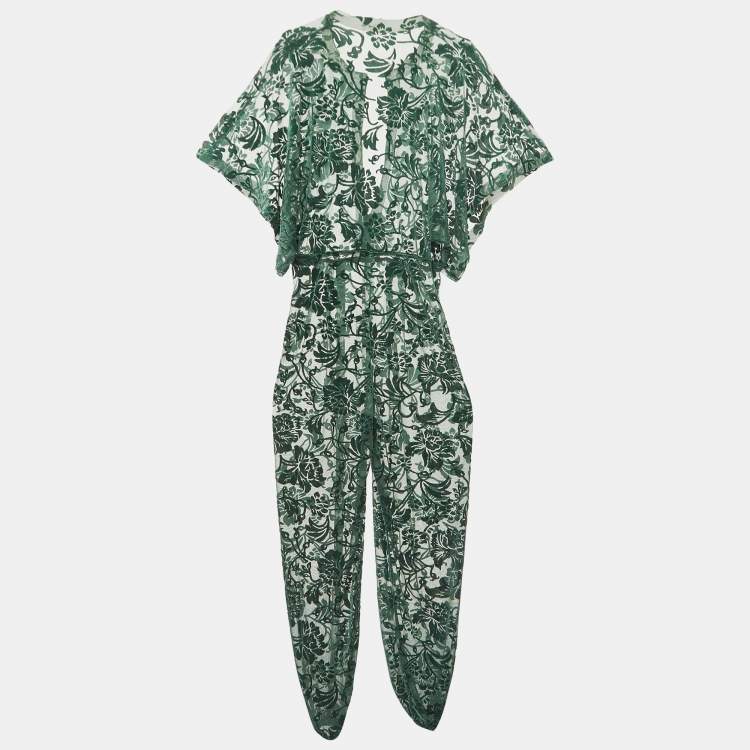 Pre Owned Norma Kamali Green Floral Pattern Tulle and Velvet  Jog Jumpsuit M