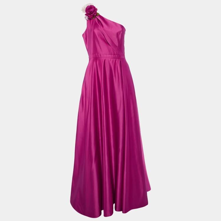 Pre Owned Notte By Marchesa Fuchsia Pink Duchess Satin Floral Applique One Shoulder Gown M
