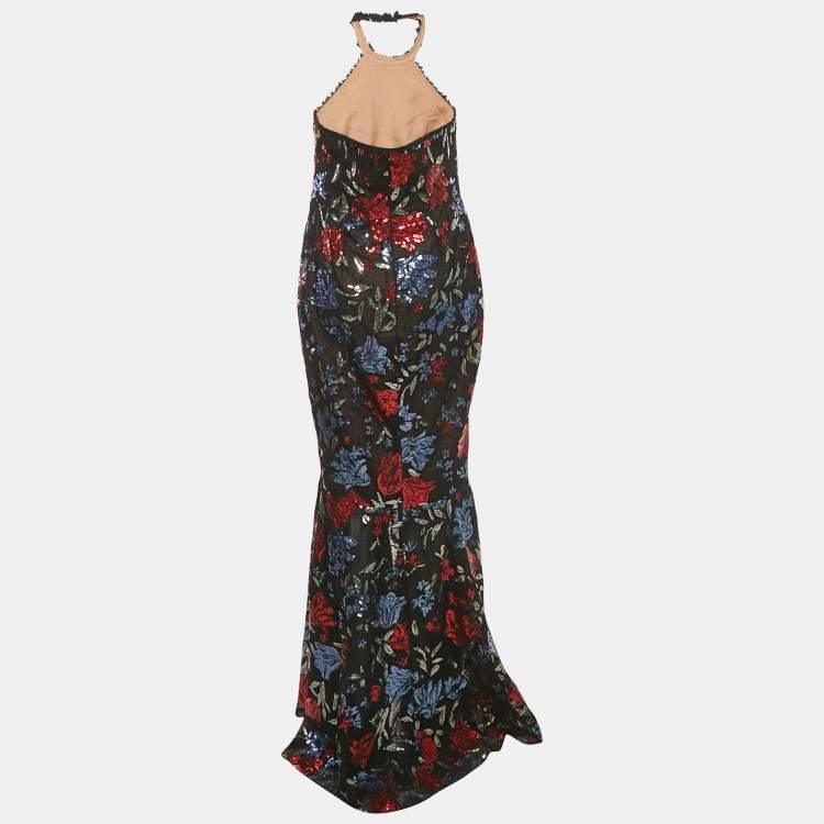 Pre Owned Notte By Marchesa Black Sequin Tulle Halter Neck Gown L