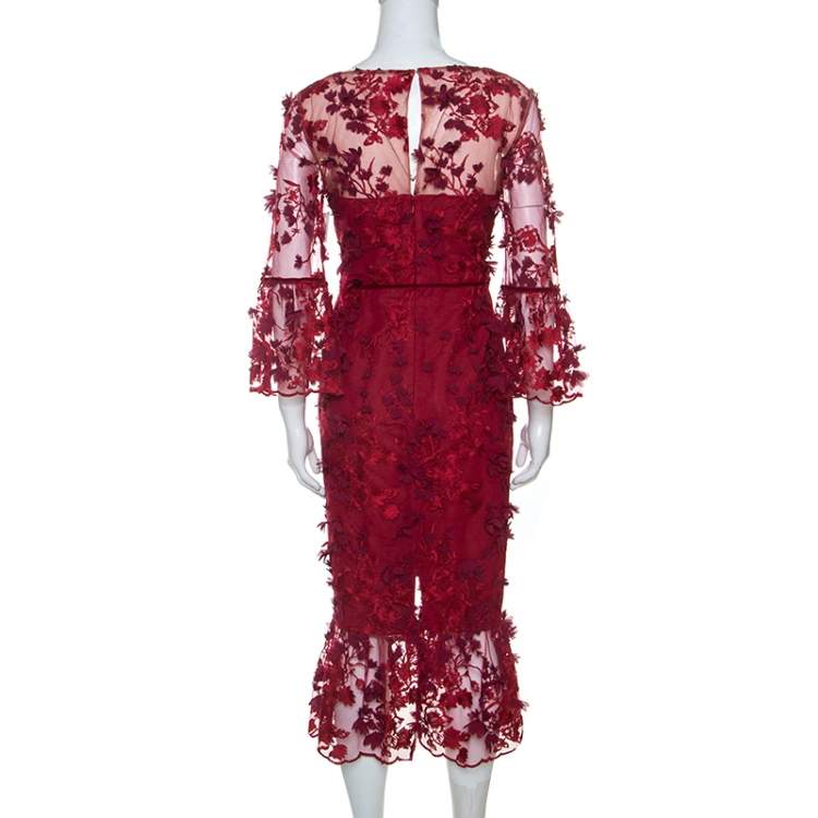 Pre Owned Notte by Marchesa Burgundy 3D Floral Lace Midi Dress M