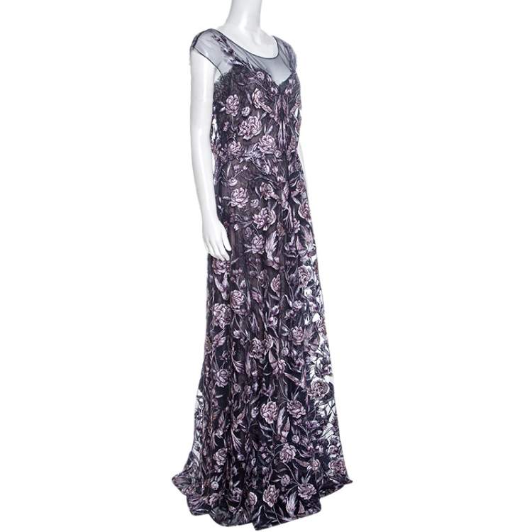 Pre Owned Notte by Marchesa Navy Blue And Purple Rose Embroidered Gown L