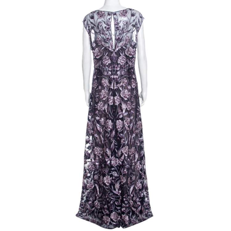 Pre Owned Notte by Marchesa Navy Blue And Purple Rose Embroidered Gown L