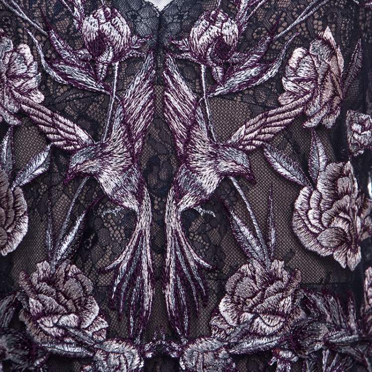 Pre Owned Notte by Marchesa Navy Blue And Purple Rose Embroidered Gown L