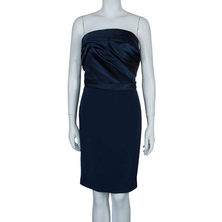 Pre Owned Notte By Marchesa Navy Blue Strapless Satin and Silk Dress L