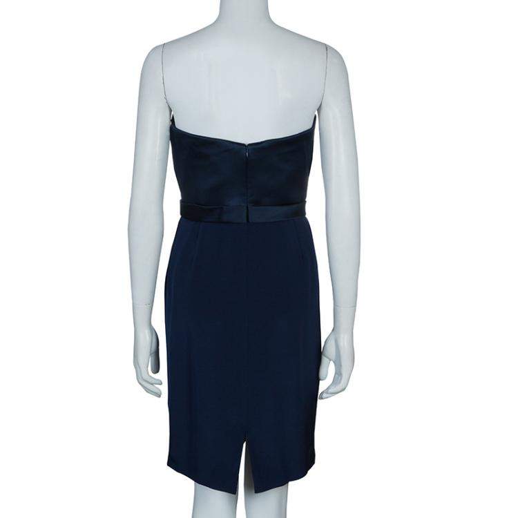 Pre Owned Notte By Marchesa Navy Blue Strapless Satin and Silk Dress L
