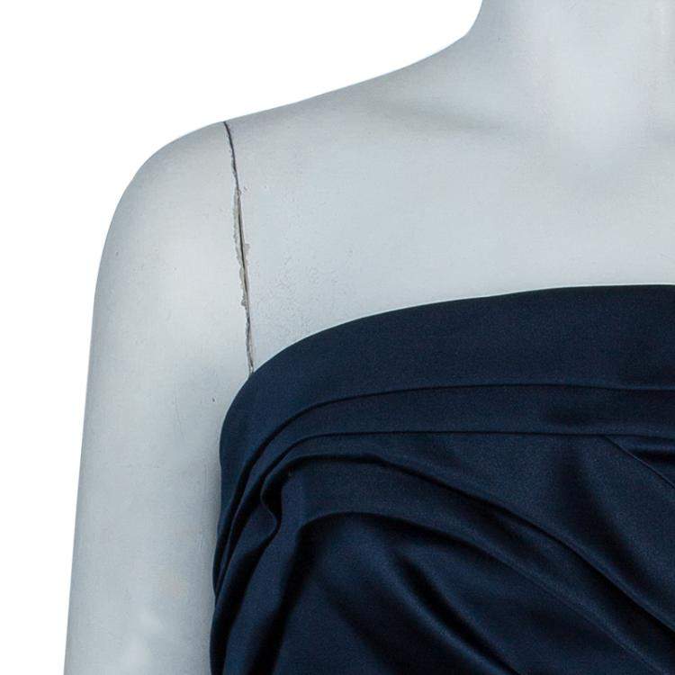 Pre Owned Notte By Marchesa Navy Blue Strapless Satin and Silk Dress L