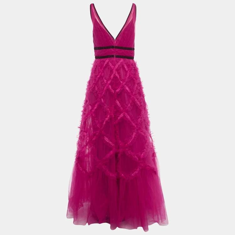 Pre Owned Notte By Marchesa Pink Tulle Ruffle Detailed Sleeveless Gown M