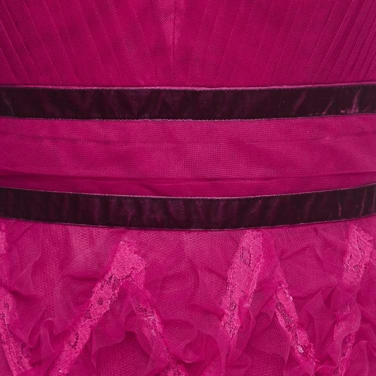 Pre Owned Notte By Marchesa Pink Tulle Ruffle Detailed Sleeveless Gown M