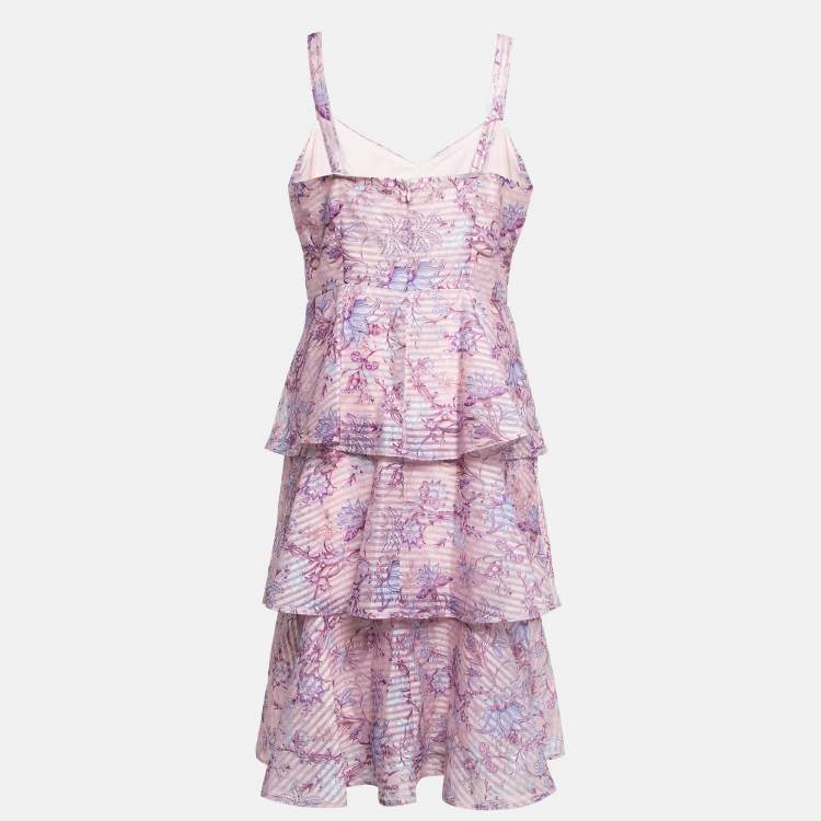 Pre Owned Notte By Marchesa Pink Floral print Crepe Tiered Midi Dress