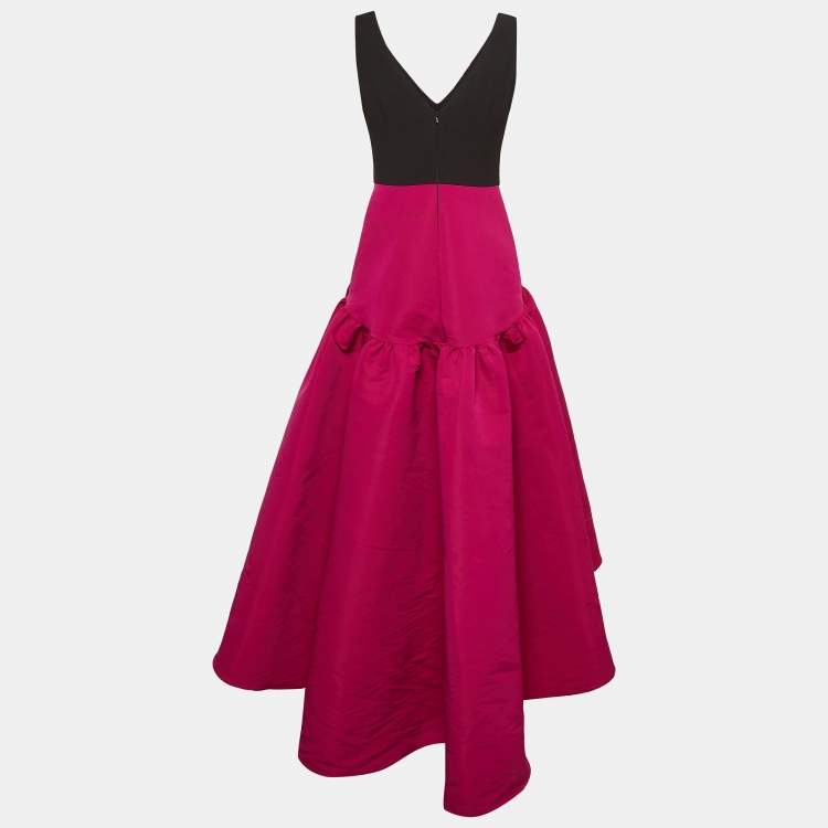Pre Owned Notte By Marchesa Pink/Black Floral Embroidered Crepe High-Low Gown S