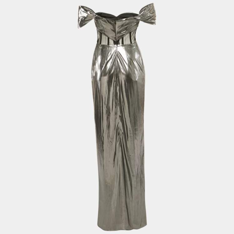 Pre Owned Notte By Marchesa Silver Lamé Jersey Off-Shoulder Corset Maxi Dress M
