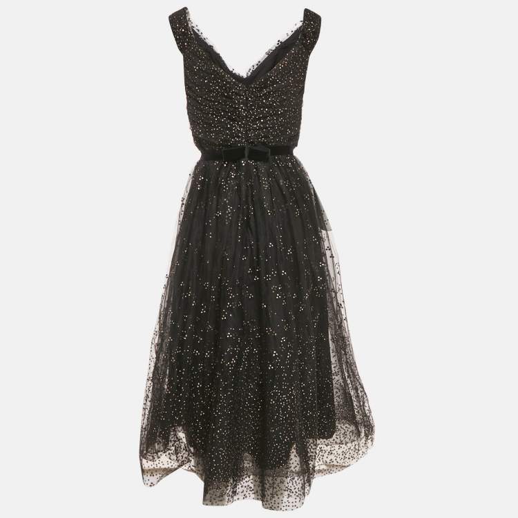 Pre Owned Notte By Marchesa Black Glitter Tulle Off Shoulder Gown M