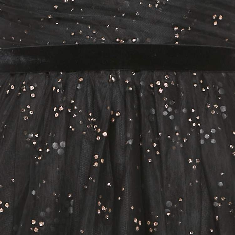 Pre Owned Notte By Marchesa Black Glitter Tulle Off Shoulder Gown M