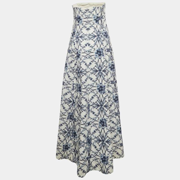Pre Owned Notte By Marchesa White Floral Print Cotton Blend Strapless High -Low Gown M 
