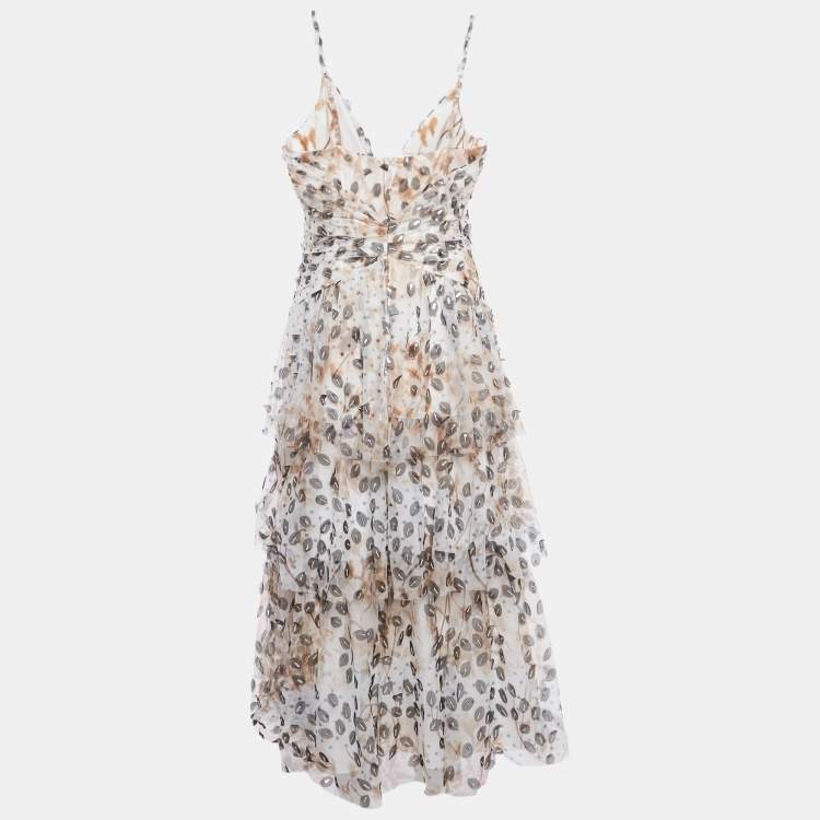 Pre Owned Notte By Marchesa White Printed Tulle Tiered Midi Dress L