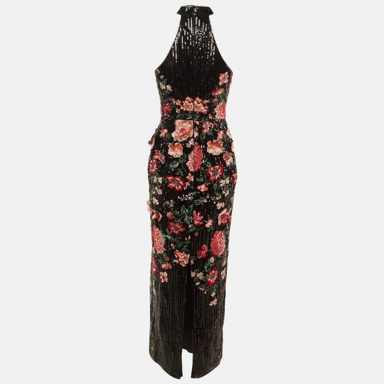 Pre Owned Notte By Marchesa Black Sequin Embroidered Halter Neck Gown S