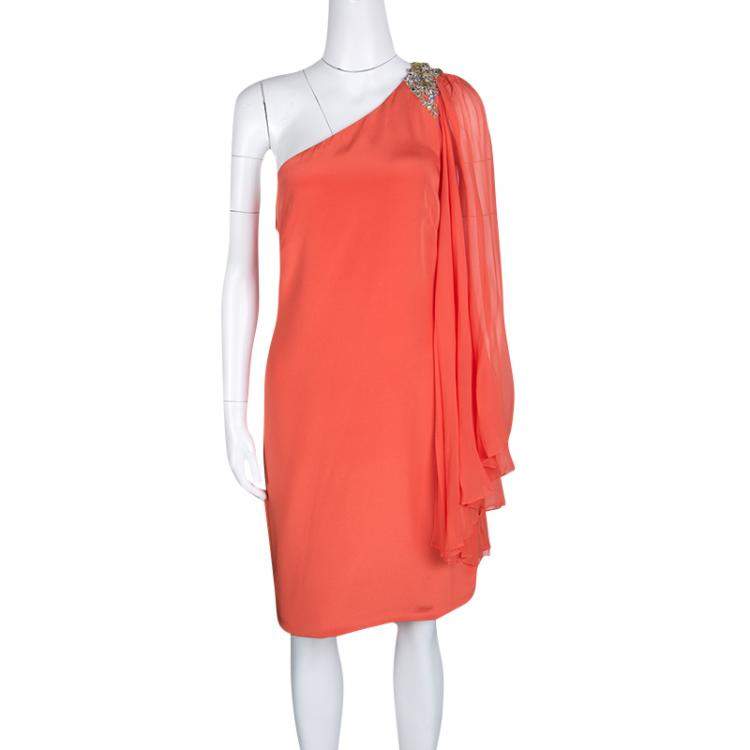Pre Owned Notte By Marchesa Orange Silk Embellished Draped Sleeve Detail One Shoulder Dress M
