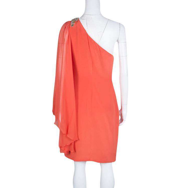 Pre Owned Notte By Marchesa Orange Silk Embellished Draped Sleeve Detail One Shoulder Dress M