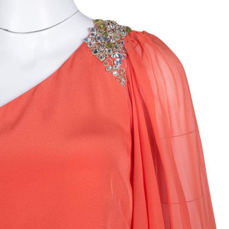 Pre Owned Notte By Marchesa Orange Silk Embellished Draped Sleeve Detail One Shoulder Dress M