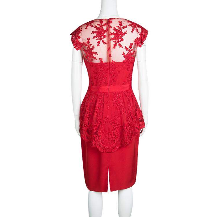 مملوكة مسبقًا Notte By Marchesa Scarlet Red Embroidered Lace Peplum Dress M