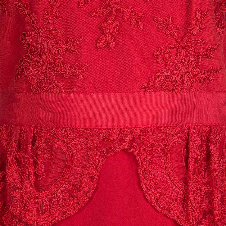 مملوكة مسبقًا Notte By Marchesa Scarlet Red Embroidered Lace Peplum Dress M