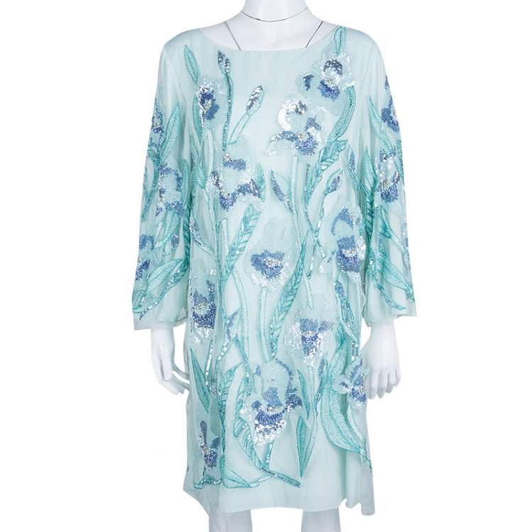 Pre Owned Notte By Marchesa Light Blue Embroidered Embellished Long Sleeve Tulle Dress M