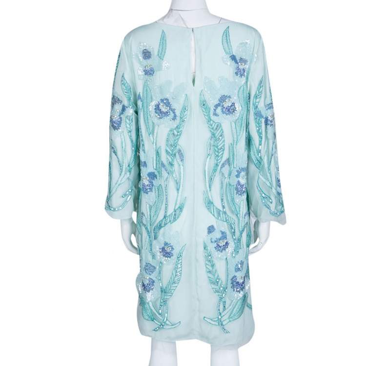 Pre Owned Notte By Marchesa Light Blue Embroidered Embellished Long Sleeve Tulle Dress M