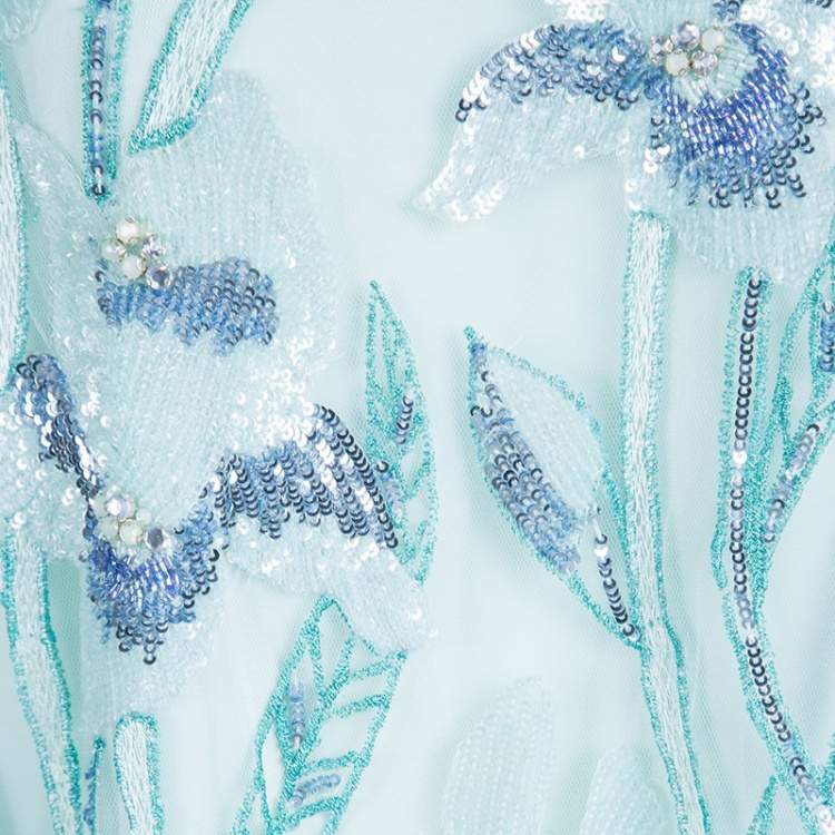 Pre Owned Notte By Marchesa Light Blue Embroidered Embellished Long Sleeve Tulle Dress M