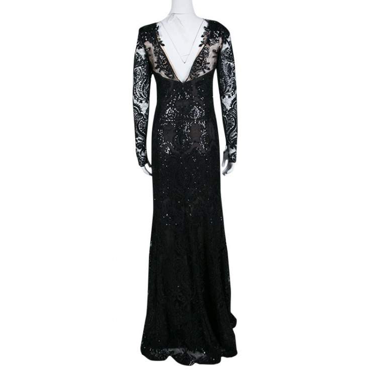 Pre Owned Notte By Marchesa Black Floral Applique Detail Embellished Embroidered Tulle Gown M