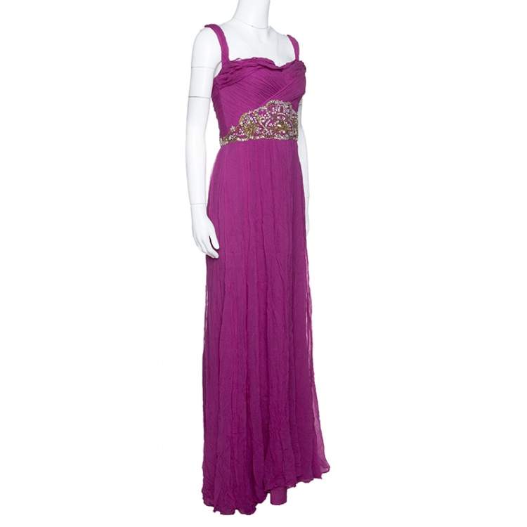 Pre Owned Notte By Marchesa Magenta Embellished Chiffon Draped Grecian Gown S