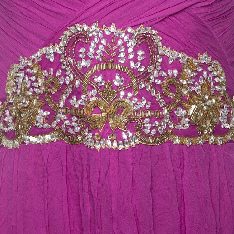 Pre Owned Notte By Marchesa Magenta Embellished Chiffon Draped Grecian Gown S