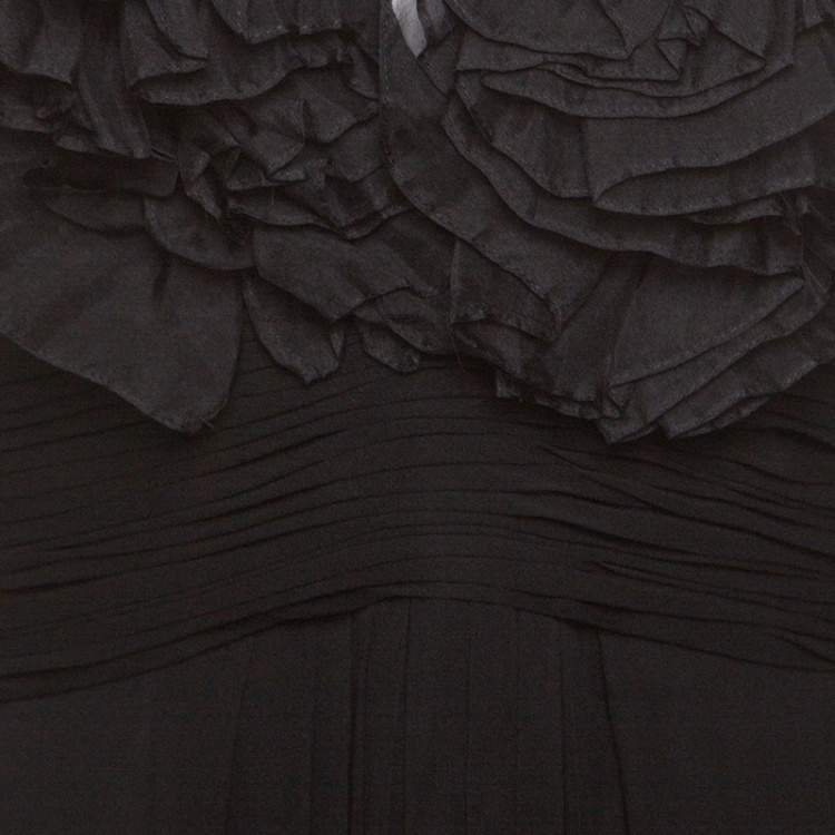 Pre Owned Notte By Marchesa Black Silk Chiffon Ruffle Detail Halter Evening Gown L