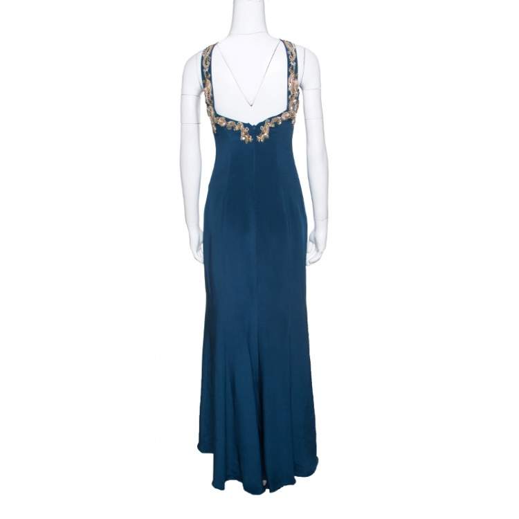 Pre Owned Notte by Marchesa Peacock Blue Embellished Silk Maxi Dress S