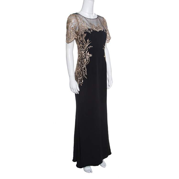 Pre Owned Notte by Marchesa Black Silk Lurex Floral Embroidered Evening Gown S