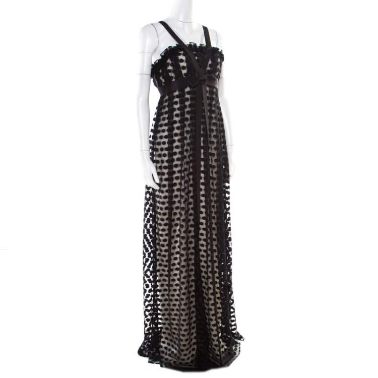 Pre Owned Notte By Marchesa Black Polka Dotted Tulle Bow Detail Gown M