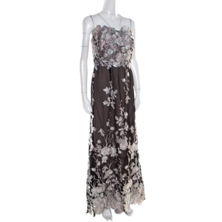 Pre Owned Notte By Marches Black Floral Embroidered Tulle Sequined Strapless Gown L