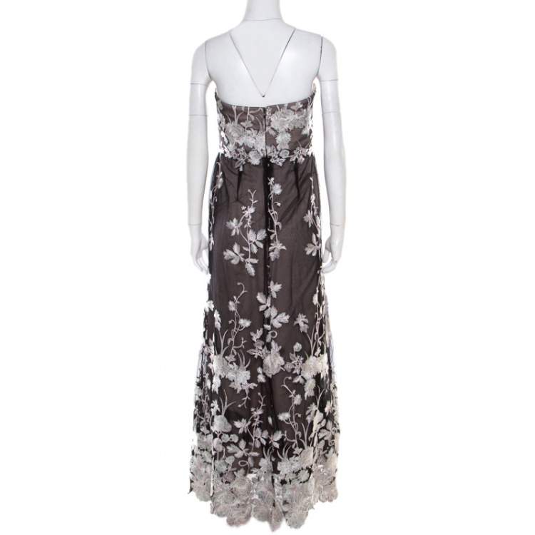 Pre Owned Notte By Marches Black Floral Embroidered Tulle Sequined Strapless Gown L